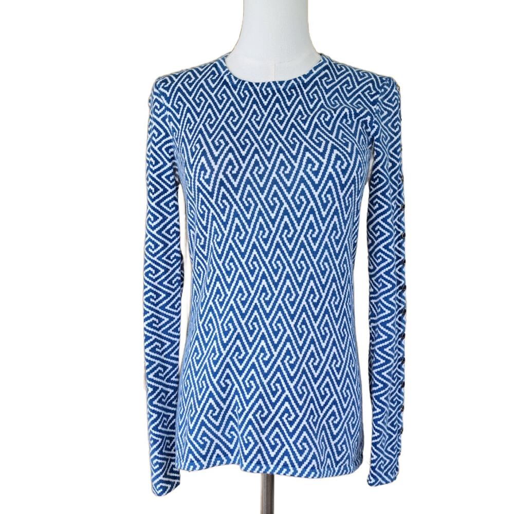 J McLaughlin Crewneck Cotton-blend Sweater XS Blue White Greek Key Coastal Prep